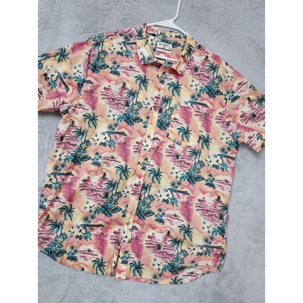 Billabong Shirt Men XXL 2XL Hula Girl Tropical Palm Trees Sunset Pink Surfer EUC